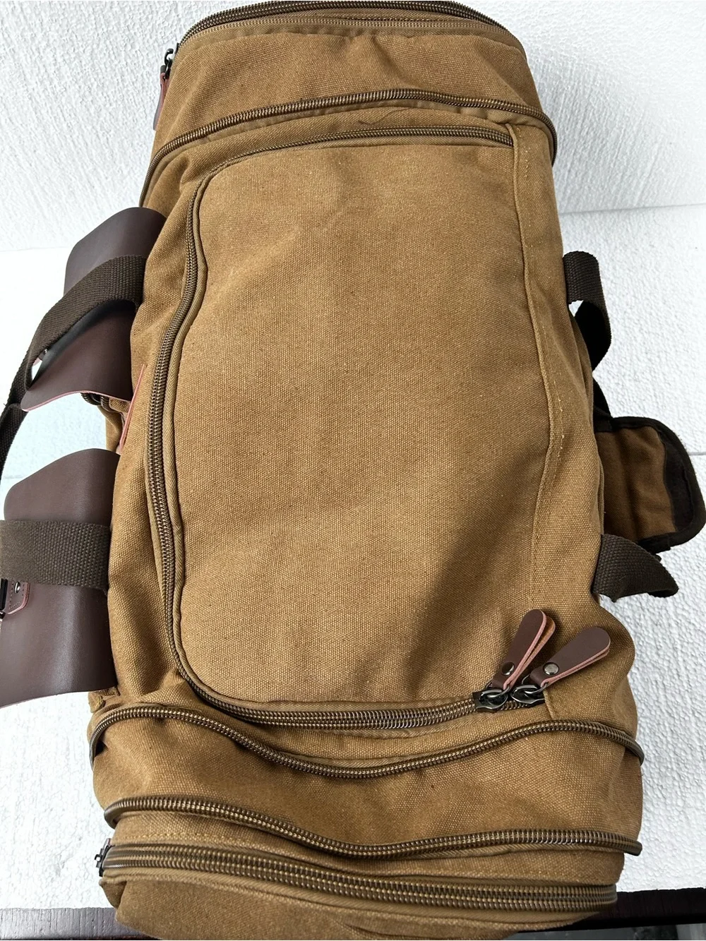 Wildroad Tan Canvas Duffel Bag with Dark Brown Leather Trim 50L expandable